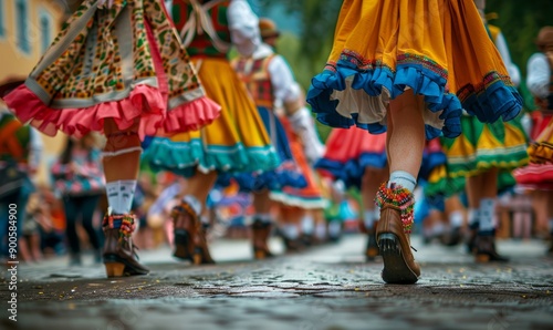 Traditional Bavarian folk dancers performing a lively Schuhplattler dance at the Oktoberfest festival. photo