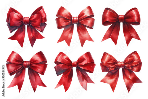 Set Red bows in a watercolor style isolated on a png background. Colored decorative bows for cards, invitations, scrapbooking, and decor.
