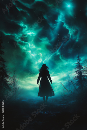Silhouette of a woman in a dark forest with a full moon