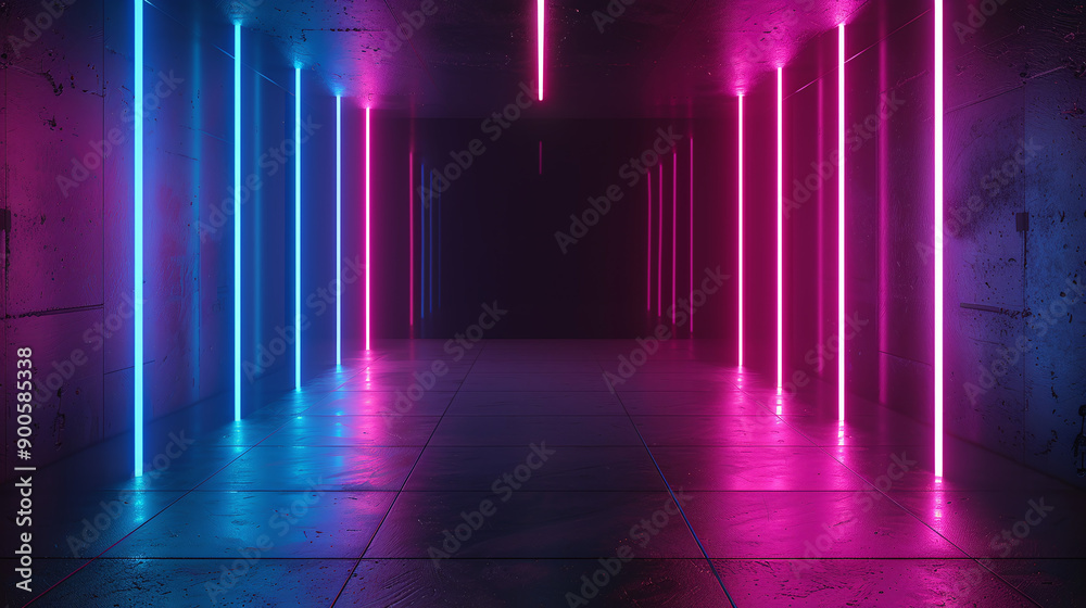 Futuristic Neon Corridor with Symmetrical Light Bars Futuristic Neon Corridor with Symmetrical Light Bars