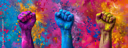 Celebrating Unity and Strength Through Colorful Fists Raised Against a Vibrant Background photo