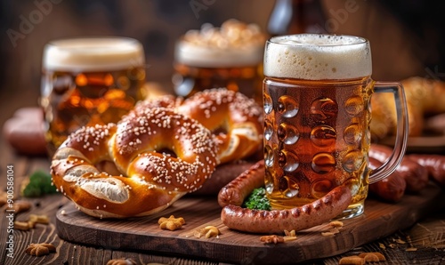 Wooden table spread with pretzels, sausages, and beer at the Oktoberfest festival. photo