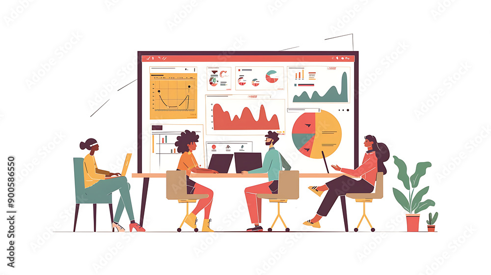 Fototapeta premium Flat illustration of a group of people working together in a modern office space