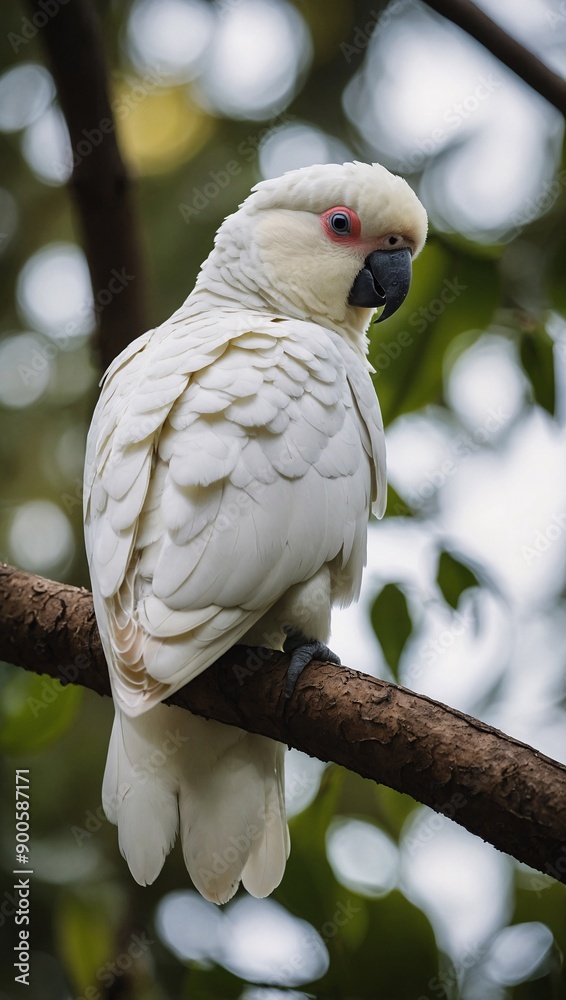 Tiny corella parrot perched amidst tree leaves