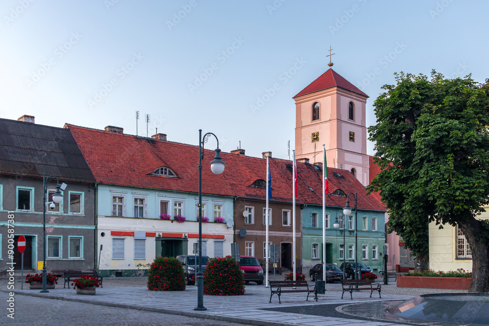 Market Square in Otyń (Poland, Nowa Sól County, Lubusz Voivodeship). Summer evening cityscape.
