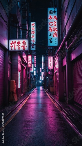 Tokyo cyberpunk night - narrow street, vibrant pink and purple neon, futuristic wallpaper, high contrast