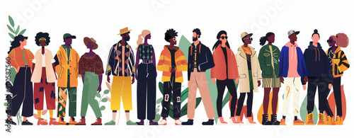 Diverse group of stylish people wearing trendy clothing standing together with plant elements in the background