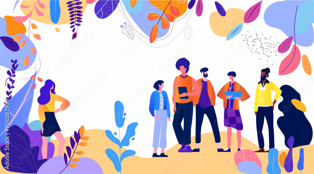 Group of diverse people standing and talking surrounded by colorful abstract foliage leaves and shapes modern flat design Group of diverse people standing and talking surrounded by colorful abstract foliage leaves and shapes modern flat design