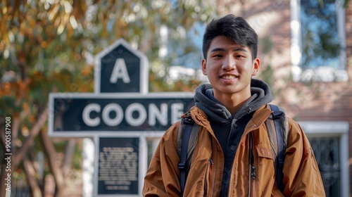 Proud Student Embarking on Academic Journey at College Sign - Realistic Education Photo