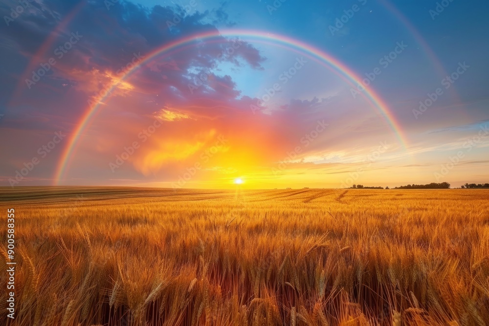 Rainbow shining over a golden wheat field at sunset time Rainbow shining over a golden wheat field at sunset time