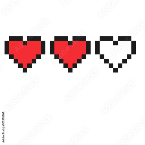 Pixel art icons. level and live bars in game, Game 8 bit ui, level and live bars, Pixelated Heart Icons, blood in video game 