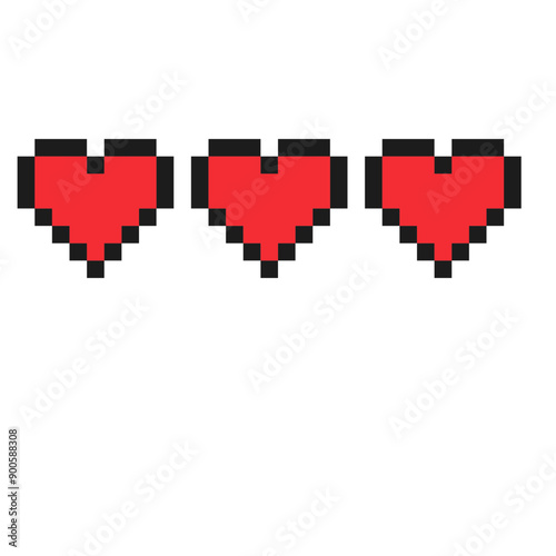 Pixel art icons. level and live bars in game, Game 8 bit ui, level and live bars, Pixelated Heart Icons, blood in video game 