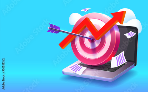 Target laptop finance landing page, banner business 3d icon. Vector illustration