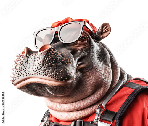friendly hippo in a lifeguard outfit and wearing sun glasses isolate is on transparent background