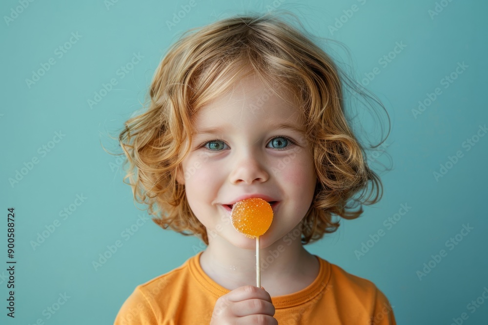 little girl enjoying eating lollipop candy on a blue background little girl enjoying eating lollipop candy on a blue background