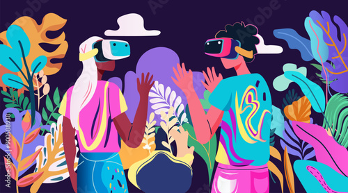 Two people wearing VR headsets in a vibrant tropical environment with colorful plants and abstract shapes