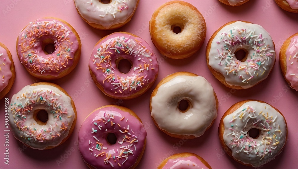 Top-down shot of vibrant glazed vanilla doughnuts on a pink background, ideal for wallpaper Top-down shot of vibrant glazed vanilla doughnuts on a pink background, ideal for wallpaper