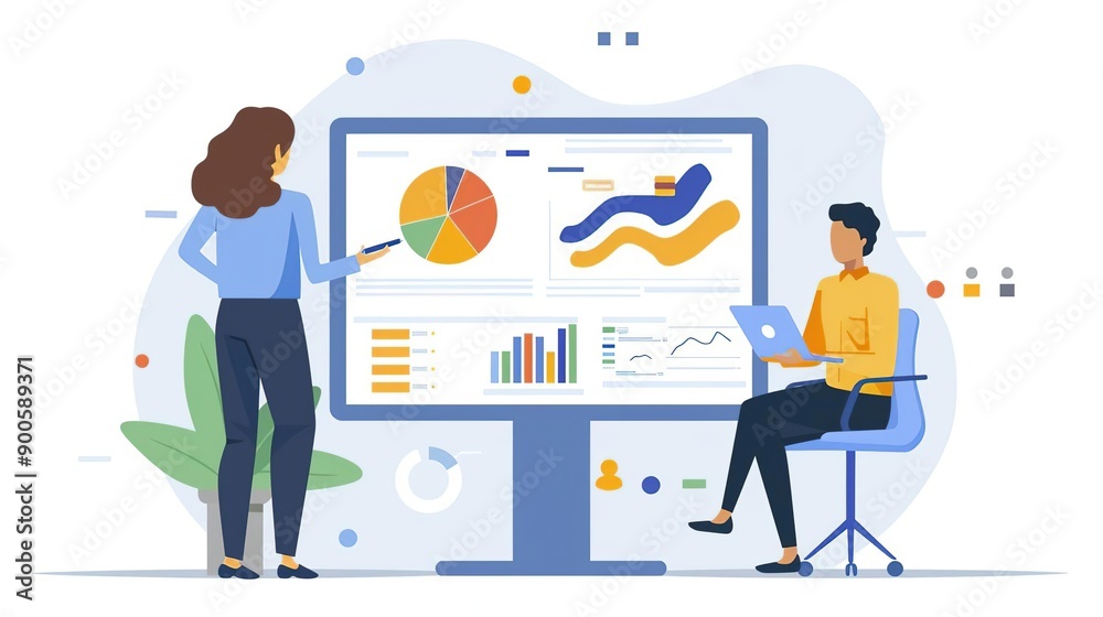 Fototapeta premium Illustration of Business People Analyzing Data and Charts on a Large Monitor