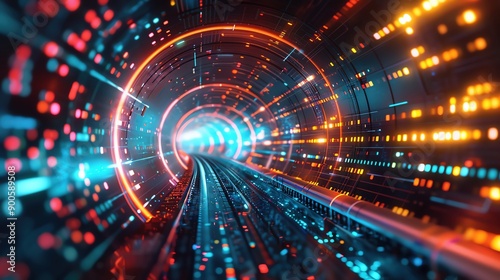 A futuristic abstract tunnel background illustrating connectivity and data flow © Phimpawee