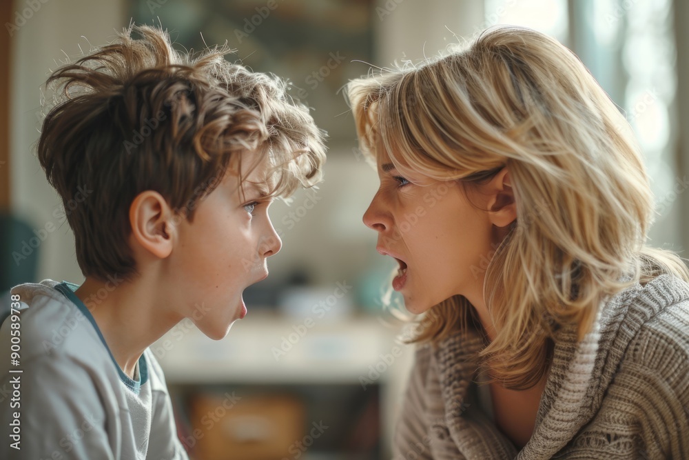 Mother and son having a loud argument shout at home Mother and son having a loud argument shout at home