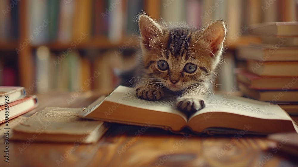 Playful kitten reading book among stack of books on wooden table, looking as if engrossed in reading Playful kitten reading book among stack of books on wooden table, looking as if engrossed in reading