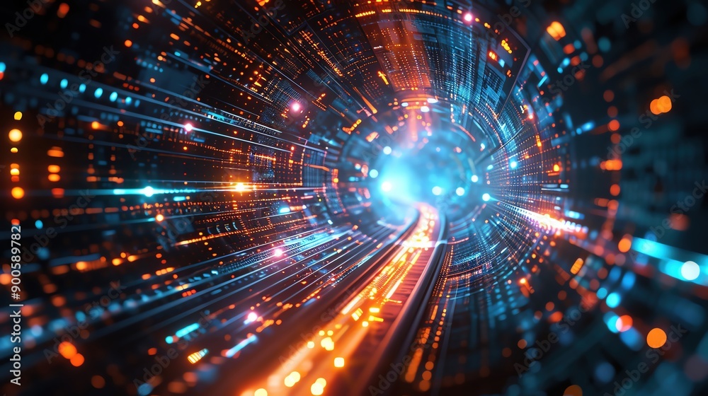 Obraz premium An immersive abstract tunnel background showcasing connectivity, data, adaptation, and cognitive intelligence, with dynamic perspective and a bold color palette