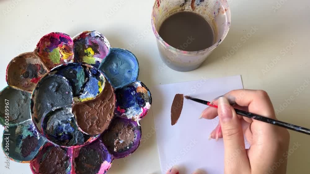 Painting a brown square with acrylic paint on a paper