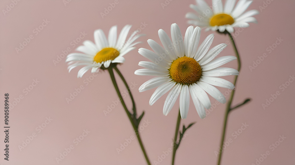 Minimal styled concept. White daisy chamomile flowers on pale pink background Minimal styled concept. White daisy chamomile flowers on pale pink background