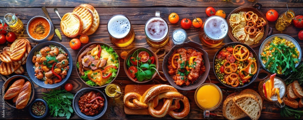 Rustic wooden table set with traditional Bavarian dishes, beer steins, and pretzels at Oktoberfest. Rustic wooden table set with traditional Bavarian dishes, beer steins, and pretzels at Oktoberfest.
