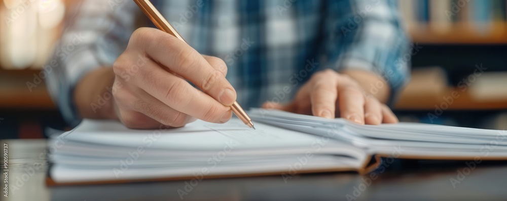 custom made wallpaper toronto digitalA freelancer reviewing documents, emphasizing attention to detail and concentration, fusion, library backdrop