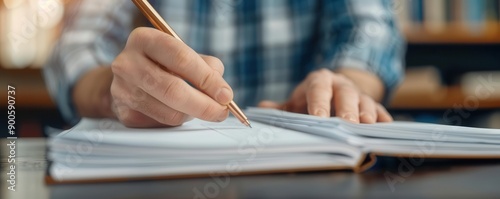 Wallpaper Mural A freelancer reviewing documents, emphasizing attention to detail and concentration, fusion, library backdrop Torontodigital.ca
