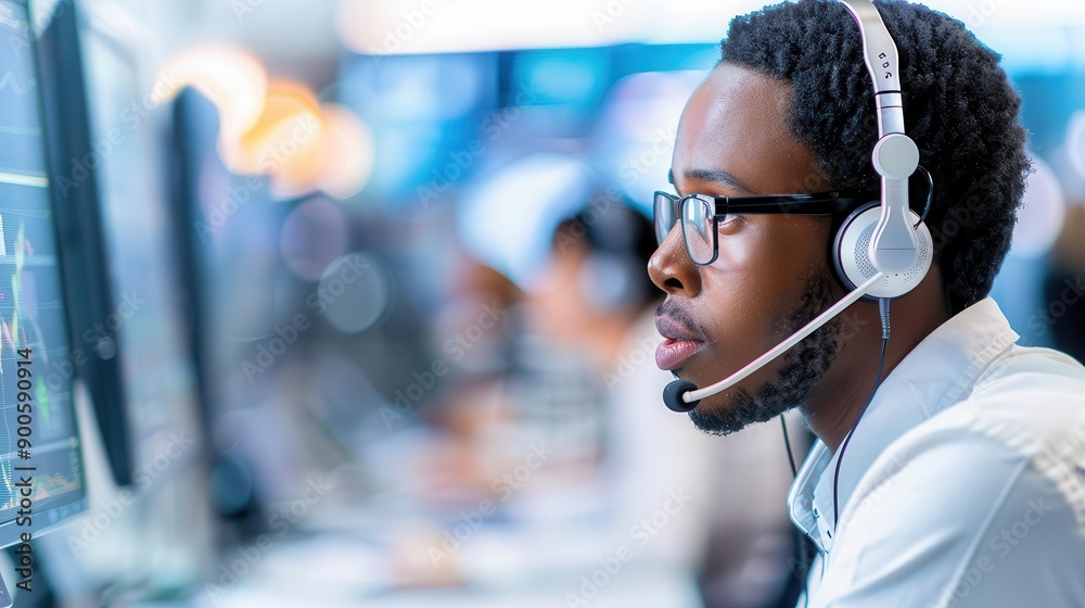 A customer support representative with a headset sitting at a call center desk, surrounded by screens and paperwork A customer support representative with a headset sitting at a call center desk, surrounded by screens and paperwork