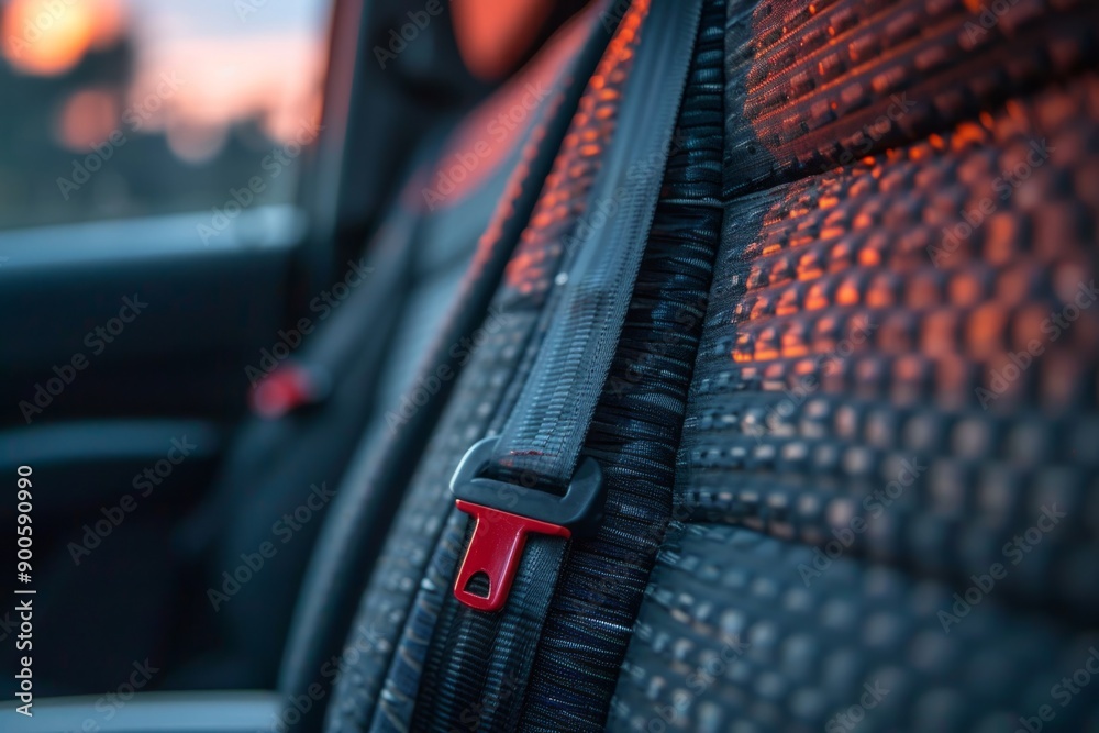Closeup of fastened seat belt in modern car interior Closeup of fastened seat belt in modern car interior