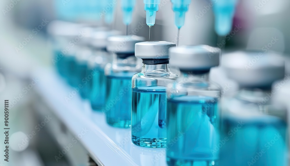 A sleek and minimalist backdrop of vials being filled with medicine in a hightech pharmaceutical plant A sleek and minimalist backdrop of vials being filled with medicine in a hightech pharmaceutical plant