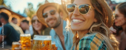 Group of friends in traditional German attire enjoying a sunny day at Oktoberfest. photo