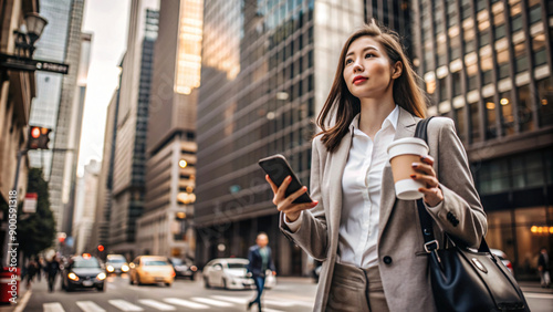 Smiling businesswoman in stylish fashion talking on cellphone, walking confidently through bustling urban city street