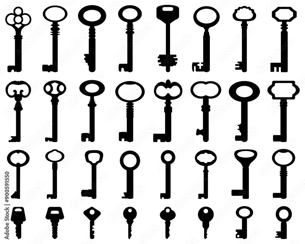 Set of black silhouettes of door keys on a white background Set of black silhouettes of door keys on a white background