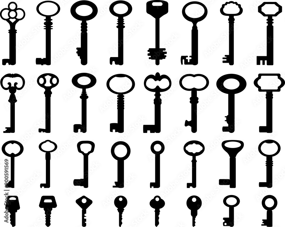Set of black silhouettes of door keys Set of black silhouettes of door keys