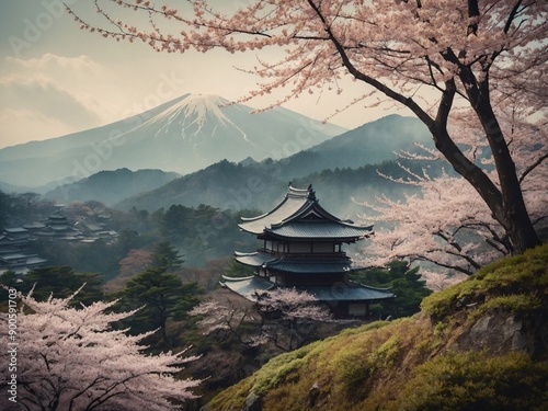 Traditional Japanese scene sakura, misty hills on a vintage watercolor backdrop