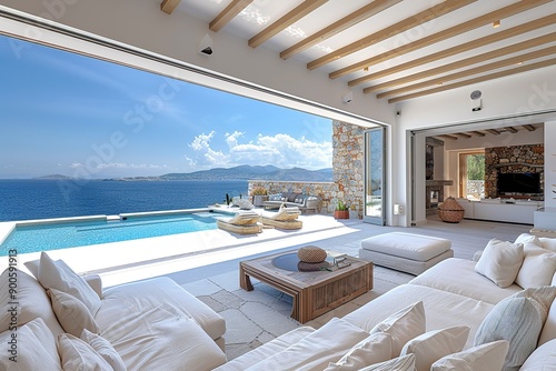 Mediterranean luxurious indoor outdoor area in a Greek Island Paradise. High end luxurious living room in a villa accommodation © DynamicShutterArt