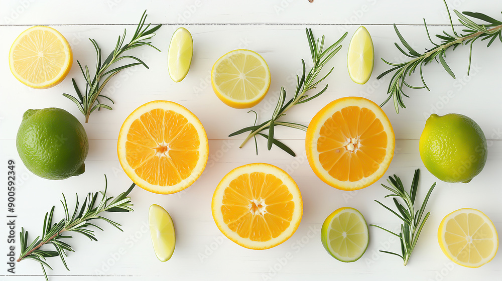 Citrus fruits like lemons, oranges, and limes with rosemary sprigs on a white wooden background Citrus fruits like lemons, oranges, and limes with rosemary sprigs on a white wooden background