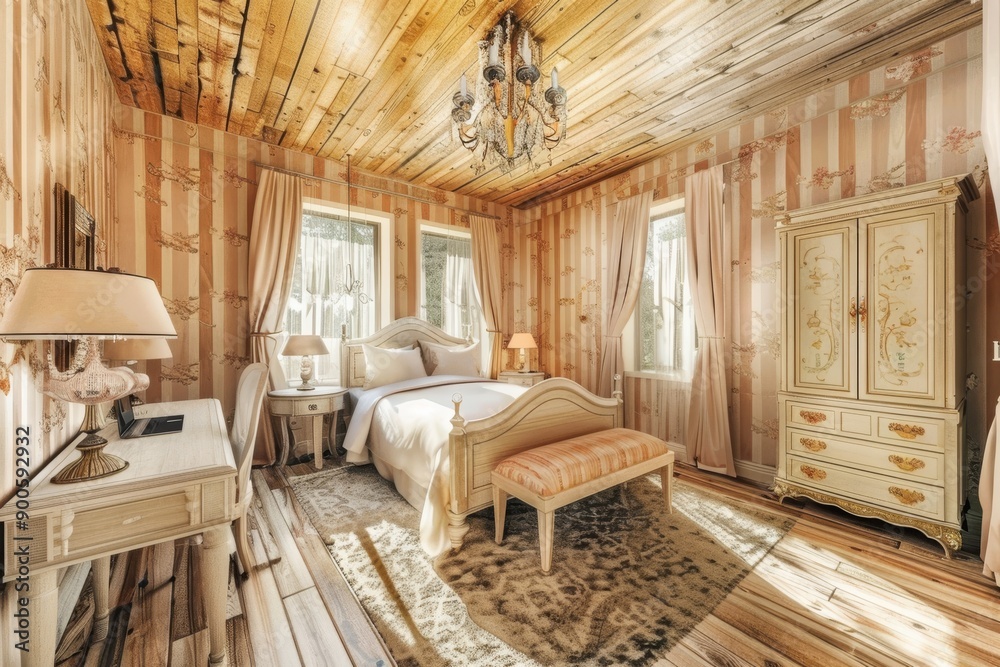 A cozy bedroom with a wooden ceiling and a patterned wallpaper. A cozy bedroom with a wooden ceiling and a patterned wallpaper.