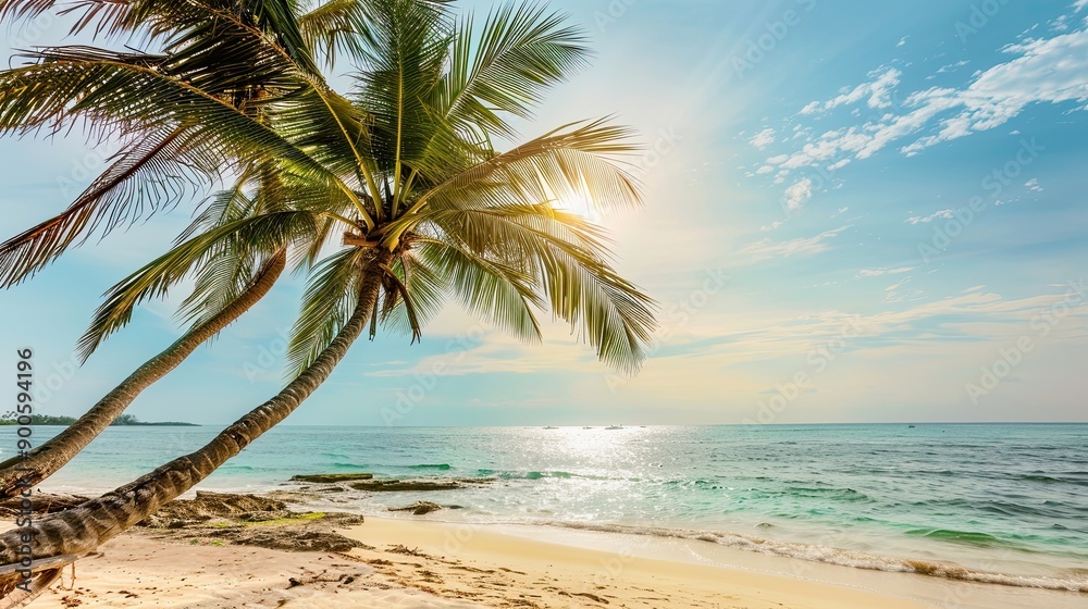 Fototapeta premium Serene Tropical Beach Scene With Turquoise Water and Swaying Palm Trees at Sunset