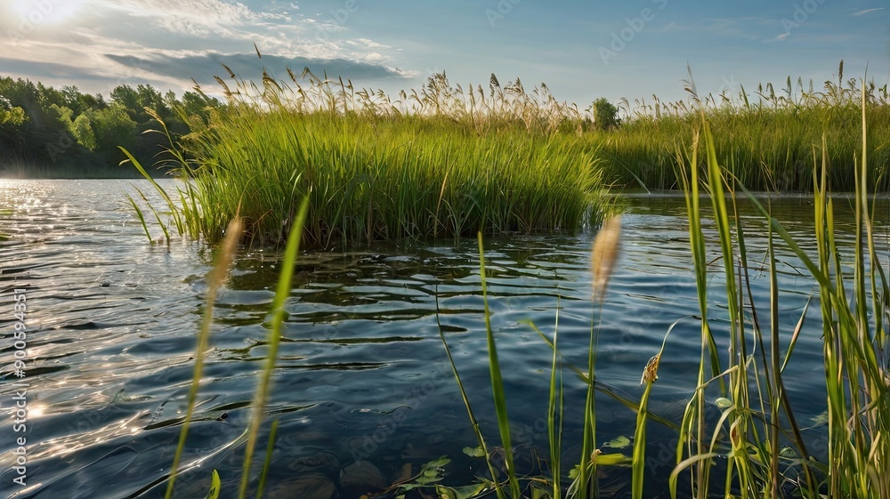 Tranquil Evening at a Sparkling Lake Surrounded by Tall Grass and Lush Greenery Tranquil Evening at a Sparkling Lake Surrounded by Tall Grass and Lush Greenery