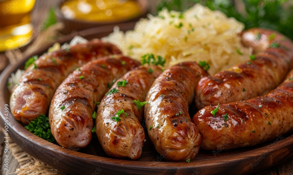 Close-up of a plate of sausages with mustard and sauerkraut at the Oktoberfest festival. Close-up of a plate of sausages with mustard and sauerkraut at the Oktoberfest festival.