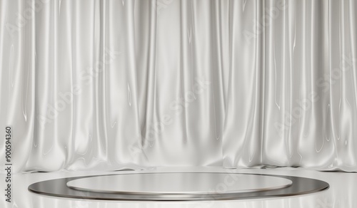 Cloth podium, curtain, circle stage, circle base, showroom, 3D illustration