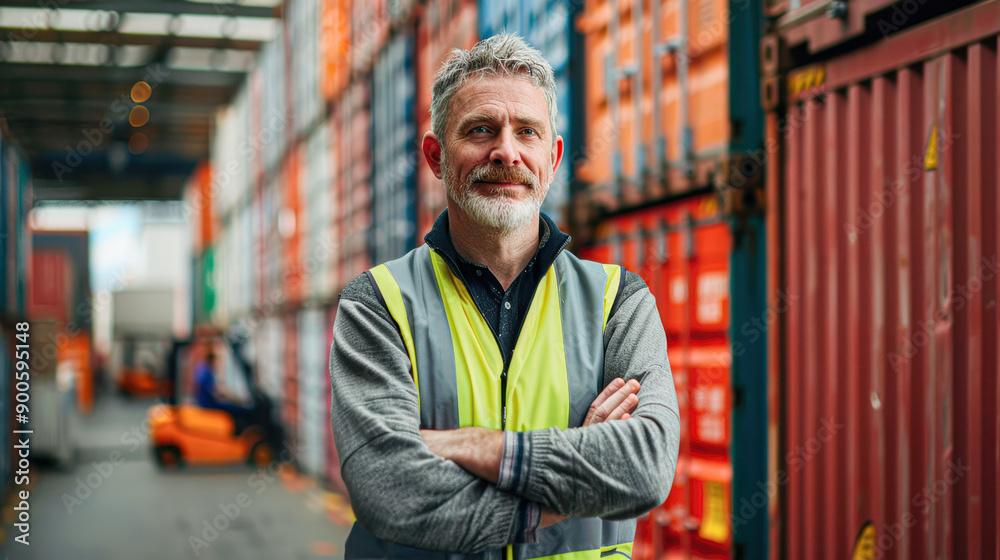 Confident Warehouse Manager Overseeing Logistics Operations with Staff and Forklifts in Background Confident Warehouse Manager Overseeing Logistics Operations with Staff and Forklifts in Background