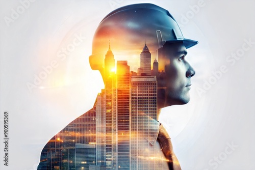 Double Exposure Illustration of Worker and Buildings

