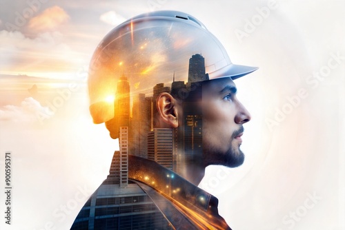Double Exposure Illustration of Worker and Buildings

