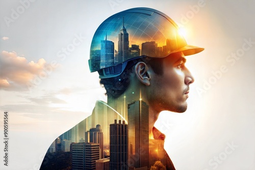 Double Exposure Illustration of Worker and Buildings

